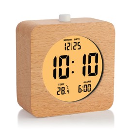 Plumeet Wooden Digital Alarm Clock for Bedrooms, Wood 4'' Battery Powered Alarm Clock with Snooze and Nightlight, Electronic LCD Desk Clock Display Time, Date, Temp, 12/24H, Wood Décor, Square