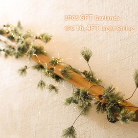 MISSPIN 2 Pack Christmas Garland with Lights, Total 12FT Smokey Pine Garland with Bells for Christmas Decorations, Indoor Outdoor Red Berry Garland with 8 Mode Led String Lights