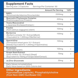 Suplemento liposomal NAD+ de 2200 mg, 60 cápsulas | Suplemento NAD para mujeres y hombres, mejora la energía celular y la defensa del envejecimiento