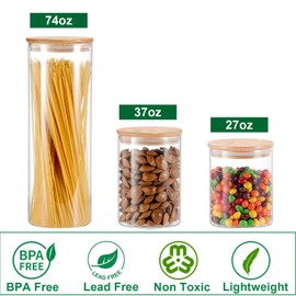 YULEER Glass Storage Containers, Glass Jar with Bamboo Lids, Airtight food Storage Canister for Spaghetti, Candy, Cookie, Cereal, Rice - Set of 4