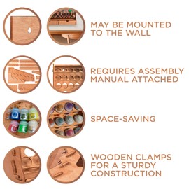 Plydolex Wall Paint Holder - Works for Warhammer 40K, DnD, Other Figurines - 65 Holes for Vallejo, Citadel, Tamiya, 30 Brush Holes, 2 Drawers, a Shelf, a Brush Tray - Plywood Rack for Wall and Desk