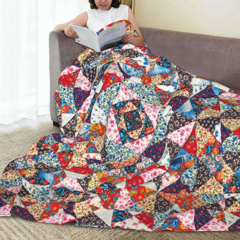 Printed Abstract Floral Boho Patchwork Throw Blanket Ultra Soft Cozy