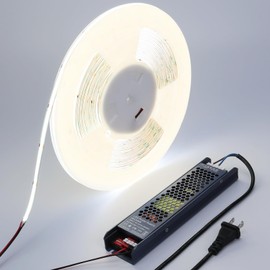 BENLUN 48V COB LED Strip Light 65.6ft, 6000K Cool White Flexible Cuttable LED Tape Lights 8W/M 480LEDs/M CRI 92 with AC 110V Power Supply for Bedroom Ceiling Living Room Commercial