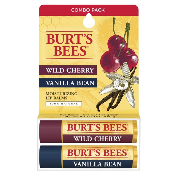 Burt's Bees 100% Natural Lip Balm, Wild Cherry and Vanilla Bean Blister Box, 0.3 Ounce, 2 Count