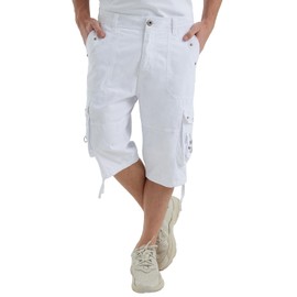 VOPOKER Mens Cargo Short Casual Cotton Twill Relaxed Fit Multi Pocket Long Cargo Shorts Zipper Outdoor Work Hiking White 34