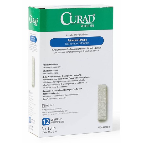 Curad Sterile Latex Free Petrolatum Gauze Dressing, 3" x 18"