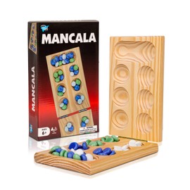 Point Games Mancala de pino macizo, juego de mesa plegable con mármoles azules, verdes y blancos, juego de viaje de estrategia portátil, a partir de 6 años