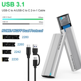 SHUBEIEUMI M.2 SSD Case, USB 3.1 Gen2 10Gbps M.2 NVMe SATA SSD for 2230/2242/2260/2280 M.2 PCIe NVMe M-Key & M+B Key SSD, Support UASP Trim, Compatible with Windows, Linux and Mac-Silver