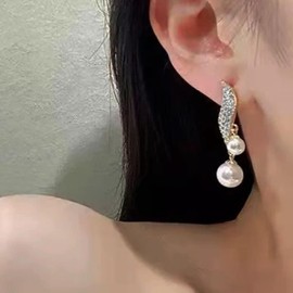 Iaceble Boho Crystal pearl Drop Earrings Cz leaf Dangle Earrings Rhinestone Spiral Leaf Earrings vintage pearl Stud Earrings Bridal pearl Earrings Jewelry for Women and Girls