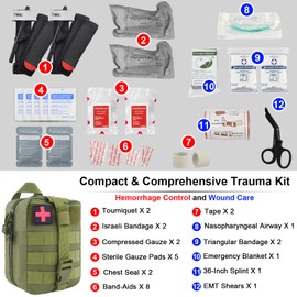 Brarvagur 29-PCS Tactical Trauma Kit with 37.4" CAT*2, Chest Seals*2, 6" Israeli Bandages*2, 36" Splint – Compact IFAK Medical Kit for Emergency First Aid, Bleeding Control, Camp, Green