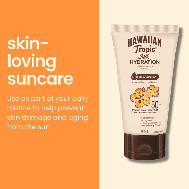 Hawaiian Tropic Silk Hydration Sunscreen Lotion SPF50+ 180ml, 12-Moisture, Non-greasy,