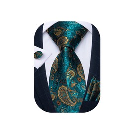 DiBanGu Mens Teal Paisley Necktie Set Jacquard Woven Turquoise Tie and Pocket Square Cufflinks for Party