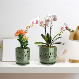 LITUDISO Orchid Pots with Holes, 5+6 Inch Ceramic Orchid Pot, Enhance Good Ventilation and Drainage,Flower Pots for Indoor/Outdoor Plants 2 Pack - Forest Green