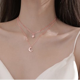 SLUYNZ 925 Sterling Silver Layered Necklace for Women Star Moon Necklace Double Chain Choker (C-Rose Gold Plated)