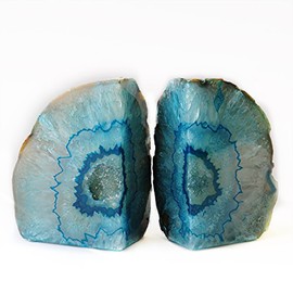 JIC Gem Teal Agate Bookends Heavy Duty Book Ends for Shelves Geode Book Ends with Rubber Bumpers for Office Décor and Home Decoration(1 Pair, 2-3 LBS)