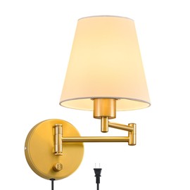 VONLUCE Swing Arm Wall Lamp, Plug in & Hardwired Wall Sconce, Adjustable Wall Mounted Lighting Fixture, Modern Wall Light with Golden Base White Fabric Shade for Bedside, Hallway, Reading