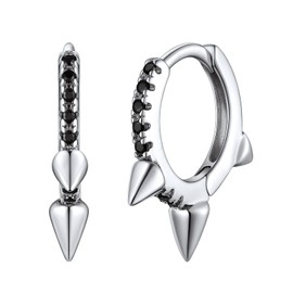 ChicSilver 925 Sterling Silver Small Hoop Earrings for Women Black Cubic Zirconia Spike Hoops Hypoallergenic Lightweight Huggie Hoop Earrings 7mm