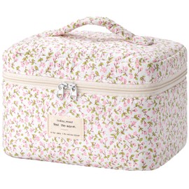 HBselect Quilted Makeup Bag for Women, Floral Cotton Cosmetic Bag Large Travel Makeup Bag Coquette Aesthetic Toiletry Bag