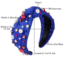 2pcs 4th of July Headband for Women Red and Blue Pearl Knotted Headband American Patriotic Element Pearl Rhinestone Jeweled Hairband Fourth Band American Independence Day Hair Accessories Gifts
