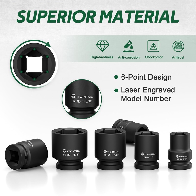 TIWINTUL 3/4 Inch Drive Impact Socket Set, CR-MO Steel, 16