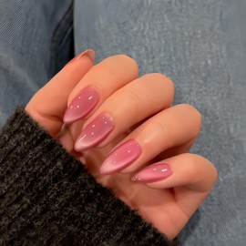 KQueenest Cat Eye Dark Pink Press on Nails Almond Shape, Glitter Fake Nails Medium, Thick Sparkly Glass Nails Press on, Shiny Acrylic Nails, Cute Bling Stick on Nails for Women Small Hand, 30 Pcs