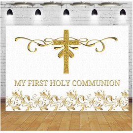 My First Holy Communion Photography Backdrop Gold Glitter Cross Gold Bless Baptism Background White Table Banner Props Vinyl (7ft×5ft)