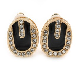 17mm/ Oval Black Enamel Diamante Clip On Earrings/Gold Plated Metal
