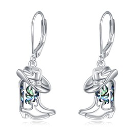 KZX Cowboy Boot Earrings S925 Sterling Silver Western Dangle Drop Earrings Abalone Shell Country Jewelry Gifts for Cowgirl Cowboy