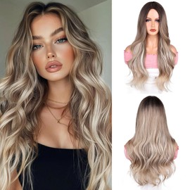 Ombre Blonde Long Wavy Wig 28 Inch Middle Part Wavy Synthetic Wigs for Women Natural Looking Heat Resistant Fiber Wig for Daily Party Use