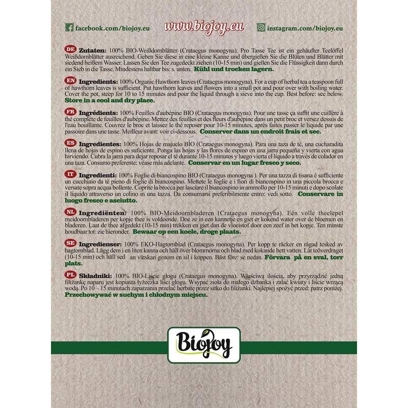 Biojoy Biojoy BIO-Wei?dorn-Tee (100 g), Wei?dornbl?tter geschnitten, Hawthorn Tea (Crataegus