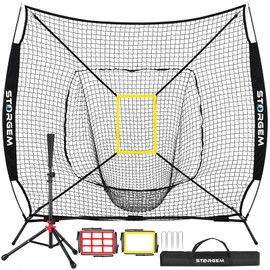 Storgem Baseball and Softball Practice Net 7×7ft Portable Hitting Pitching Batting Training Net Baseball Backstop Net with Batting Tee and Strike Zone and Bow Frame