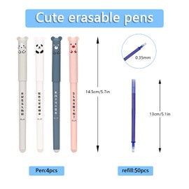 LOREC Pack of 4 Blue Cartoon Erasable Ballpoint Pens with 50 Pieces 0.35 mm Refills and 2 x Erasers, Erasable Gel Pen Panda Gel Pen Erasable for Adults, Children, Students