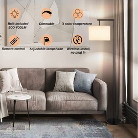 Modern Battery Operated Floor Lamp Cordless for Living Room, Dimmable Floor Lamp with Remote Control, Tall Standing Floor Lamp with Adjustable Lamp Head For Bedroom, 3 Color Temperature Bulb Included