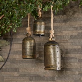 Deco 79 Metal Tibetan Inspired Meditation Decorative Cow Bell with Jute Hanging Rope, Set of 3 10",8",6"H, Bronze