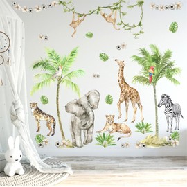 Jungle Animals Wall Decals Woodland Animals Wall Stickers Baby Boys Girls Nursery Wall Decor,Safari Wall Decals Peel and Stick Elephant Giraffe Forest Animal Wall Stickers for Kids Room Playroom Decor