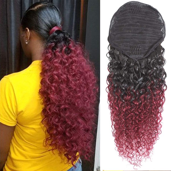 Feelgrace Kinky Curly Ponytail Human Hair Extension, 1B Burgundy Real Brazilian Human Hair Extension for Women Girls, 10A 3C Long Curly Ponytail Hairpiece Clip ins Remy Hair for Full Head 22 Inch