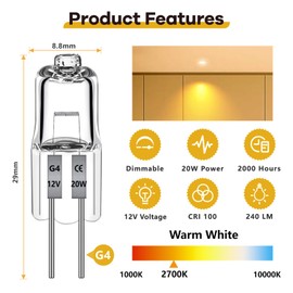 Ddlisu G4 Bulb 12 Pack, 12V 20W Halogen Bulbs 2 Pin, Dimmable, 2000Hrs Long Lifetime, 2700K Warm White, G4 Halogen Light Bulbs Replacement for Under Cabinet Puck Light Chandeliers Track Lighting