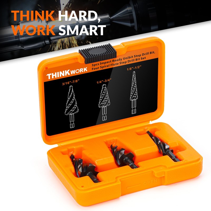THINKWORK Four Spiral Flute Step Drill Bit Set, 3 Pcs