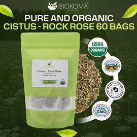 Biokoma Organic Cistus Rock Rose Tea Bags 60 Count Cistus Incanus Dried Leaves USDA Organic Herbal Tea Immune Respiratory Support Resealable Pouch Caffeine-Free Pure No Preservatives Non GMO Kosher