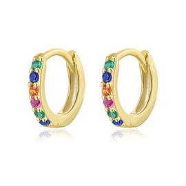 SILBERTALE 925 Sterling Silver Hoop Earrings Multicolored Cubic Zirconia Mini Huggie Hoops 14K Gold Plated Upper Ear Cartilage Helix Small Tiny Hoop Earrings, 7mm inner diameter, Cubic Zirconia