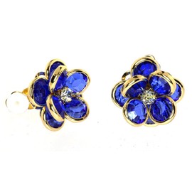 Six Colors Variation Acrylic Rhinestone, Gold Tone Sweet Flower "CLIP-ON" Earrings (Admiral Blue)