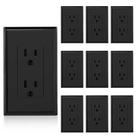 ELEGRP Decorator Receptacle, 15A 125V Standard Electrical Wall Outlet, Non-TR, 2 Pole 3 Wire, Self-Grounding Residential Grade, Screwless Wall Plate Included, UL Listed (10 Pack, Glossy Black)