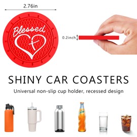 SHMZK 2 PCS Car Cup Holder Coaster, 2.76 Inch Blessed Cross and Heart Vehicle Insert Cup Coasters, Anti-Slip Shockproof PVC Drink Cup Mats for Most Vehicles, Car Accessories (Red)