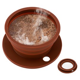 VVGCS Collapsible Paperless Pour Over Coffee Dripper with Reusable Stainless Steel Coffee Filter, Single Cup Travel Pour Over Coffee Maker Camping, Portable Silicone Drip Coffee Maker Pour Over Brown