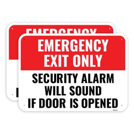2PC Emergency Exit Only Sign, 14 x 10 Inches - Aluminum - Security Alarm Will Sound If Door Is Opened
