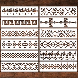 Keluna Aztec Stencils - 12 Pcs Boho Borders Pattern Stencils for DIY Wall & Wood Canvas Painting