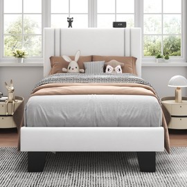 Feonase Twin Platform Bed Frame, Velvet Upholstered Wingback Bed Frame, Solid Wood Slats & Heavy Duty Feet Support, No Box Spring Needed, Noise-Free, Easy Assembly, White