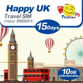 Happy 5G UK 15 Days Unlimited Data Travel Sim Card | 3UK Network | No Daily Limit | 10GB of 5G High-Speed Data Then 128kbps | Easy Activation | No Registration