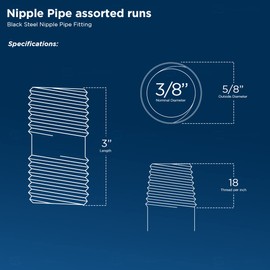 SupplyGiant 3/8 x 3 Inch Black Steel Pipe, Heavy Duty Industrial Malleable Iron Pipes, Pre Cut Threaded Nipple Great For All DIY Furniture And Black Pipe Shelving