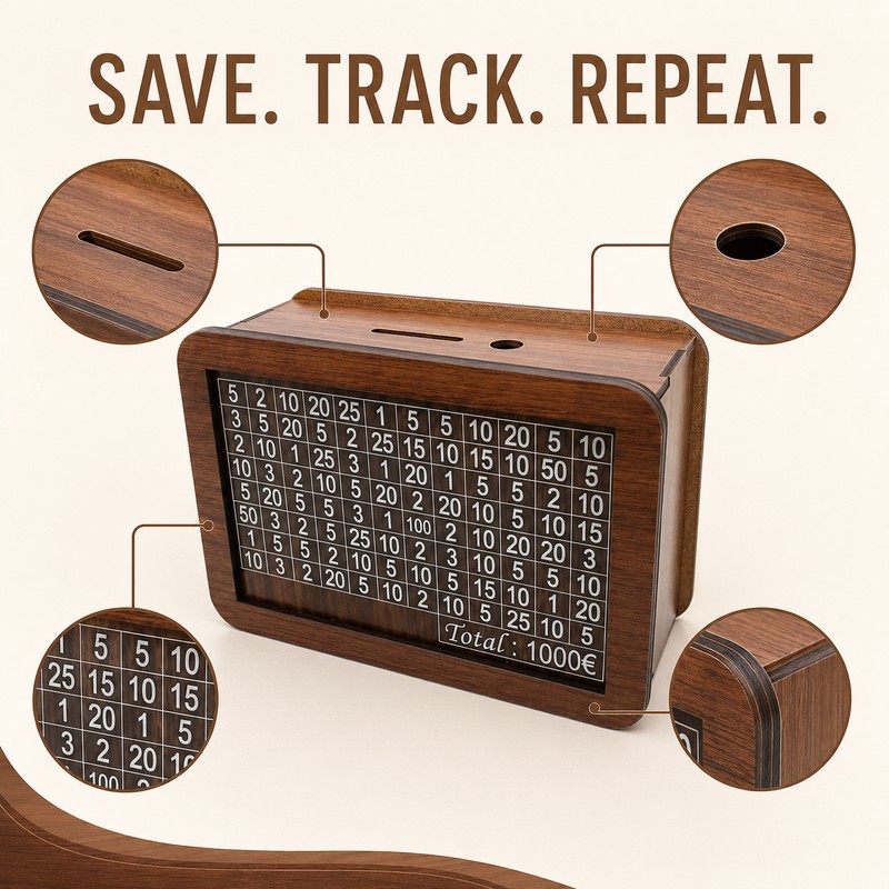 Wooden Savings Challenge Money Box – Reusable Cash Storage Piggy